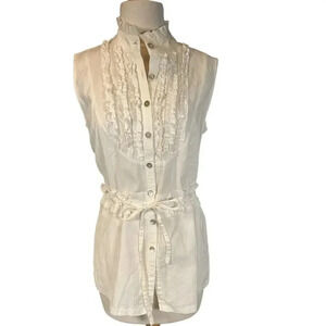 SANDRO Size Large White Drawstring Waist Ruffled Sleeveless Linen Blend Blouse